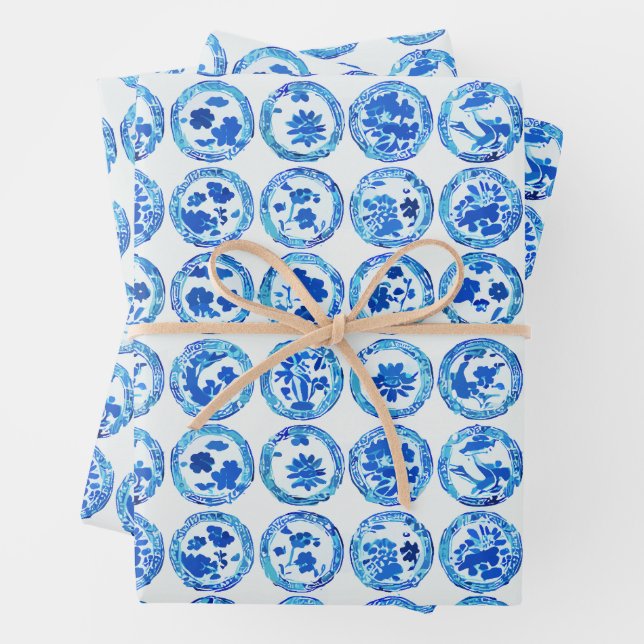 Watercolor Chinoiserie Blue Plates Pattern Wrapping Paper Sheet (In situ)