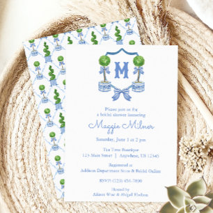 Watercolor Chinoiserie Blue Topiary Monogram Crest Invitation