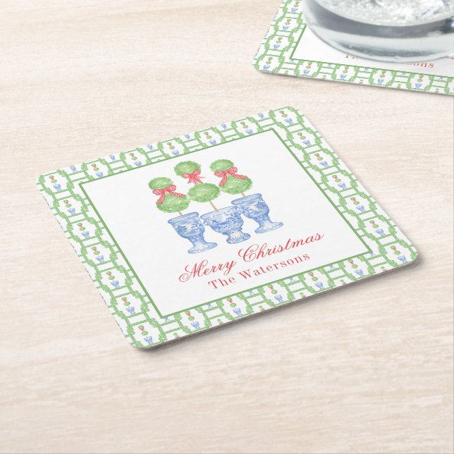 Watercolor Chinoiserie Christmas Bow Topiary Square Paper Coaster (Angled)