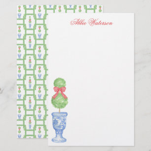 Watercolor Chinoiserie Christmas Bow Topiary Stationery
