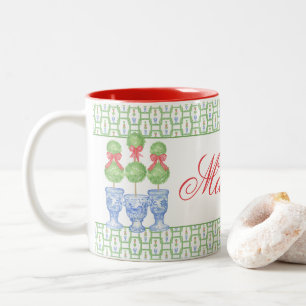 Watercolor Chinoiserie Christmas Bow Topiary Two-Tone Coffee Mug