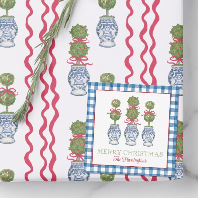 Watercolor Chinoiserie Christmas Red Bow Topiary Card (Creator Uploaded)
