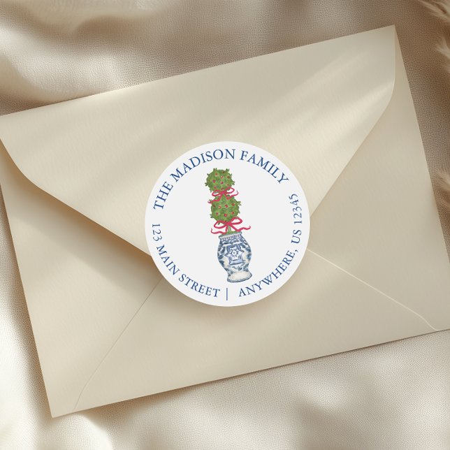 Watercolor Chinoiserie Christmas Red Bow Topiary Classic Round Sticker (Creator Uploaded)