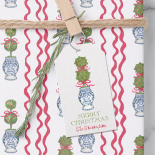 Watercolor Chinoiserie Christmas Red Bow Topiary Gift Tags