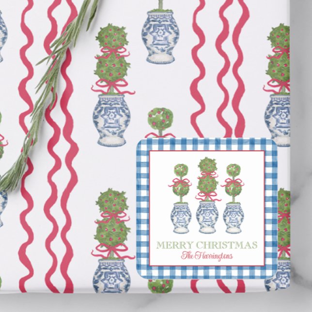 Watercolor Chinoiserie Christmas Red Bow Topiary Square Sticker (Creator Uploaded)
