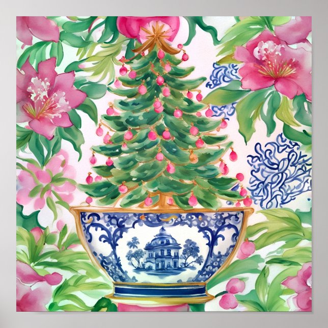 Watercolor Chinoiserie Christmas Tree Poster (Front)