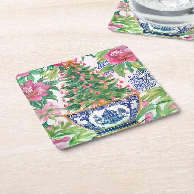 Watercolor Chinoiserie Christmas Tree Square Paper Coaster (Angled)
