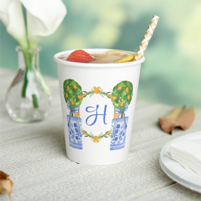 Watercolor Chinoiserie Citrus Topiary Monogram Paper Cups (Insitu)