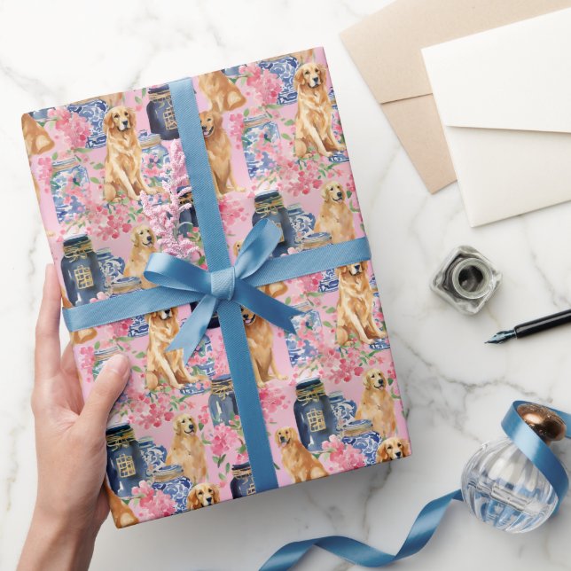 Watercolor Chinoiserie Dogs & Ginger Jars Wrapping Paper (Gifting)