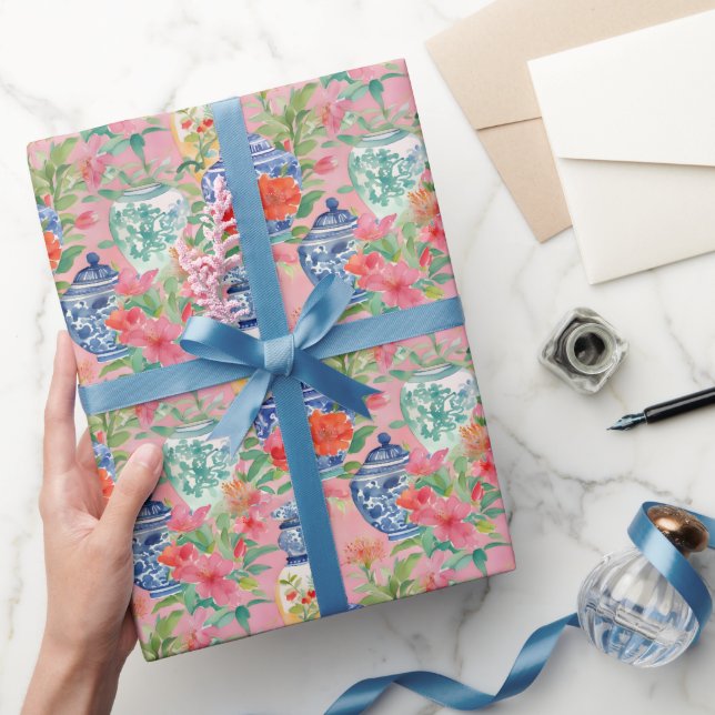 Watercolor Chinoiserie Floral Ginger Jars Wrapping Paper (Gifting)