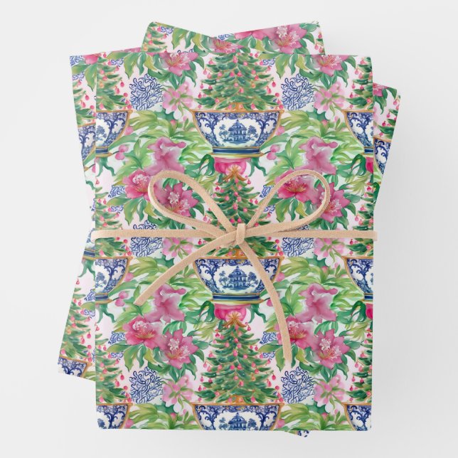 Watercolor Chinoiserie Ginger Jar Christmas Tree Wrapping Paper Sheet (In situ)