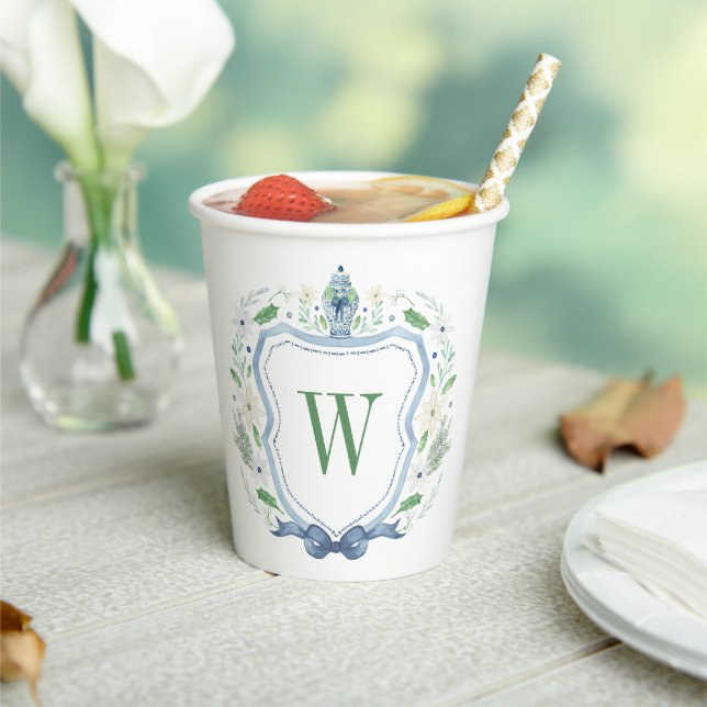 Watercolor Chinoiserie Ginger Jar Monogram Crest Paper Cups (Insitu)