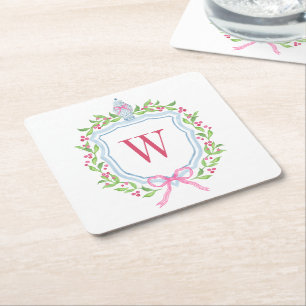 Watercolor Chinoiserie Ginger Jar Monogram Crest Square Paper Coaster