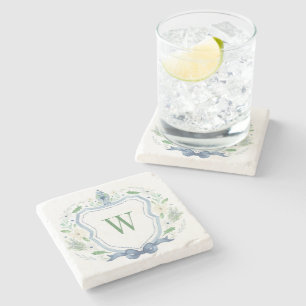 Watercolor Chinoiserie Ginger Jar Monogram Crest Stone Coaster
