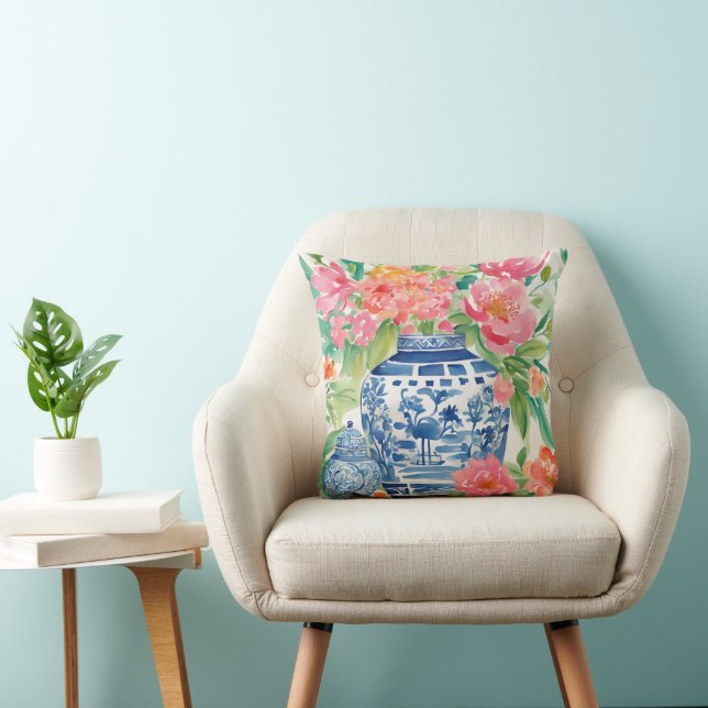 Watercolor Chinoiserie Ginger Jar of Flowers Cushion (Chair)