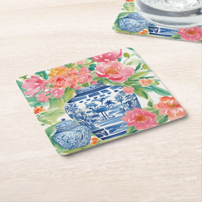 Watercolor Chinoiserie Ginger Jar of Flowers Square Paper Coaster (Angled)