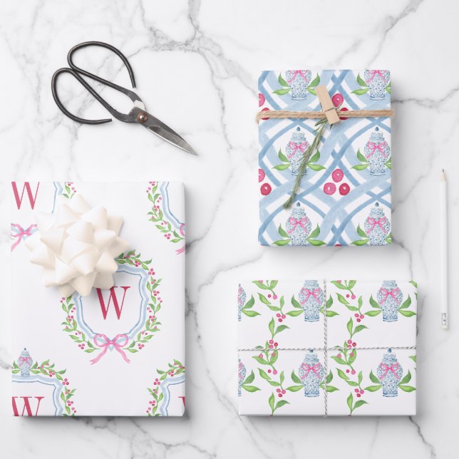 Watercolor Chinoiserie Ginger Jars Crest Wrapping Paper Sheet (Front)