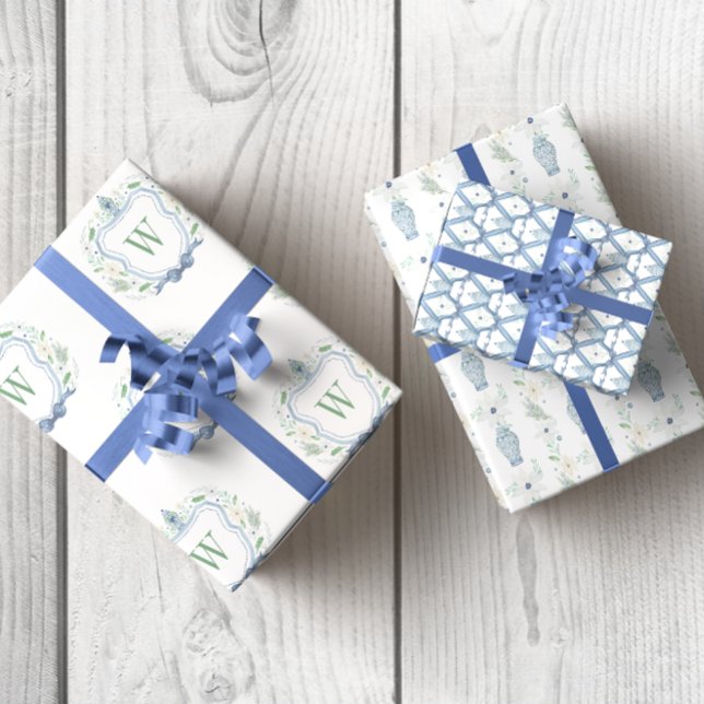 Watercolor Chinoiserie Ginger Jars Crest Wrapping Paper Sheet (Watercolor Chinoiserie Blue Ginger Jar Crest Wrapping Paper)