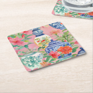 Watercolor Chinoiserie Ginger Jars & Flowers Square Paper Coaster