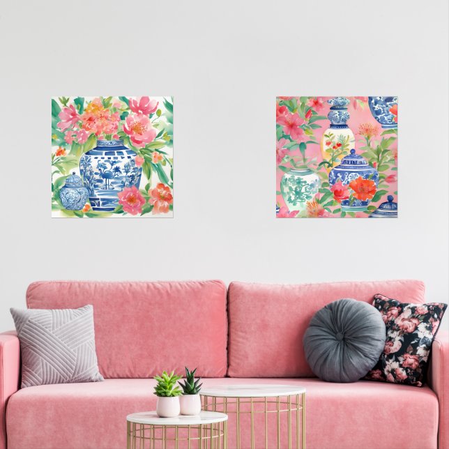 Watercolor Chinoiserie Ginger Jars & Pink Flowers (Livingroom)