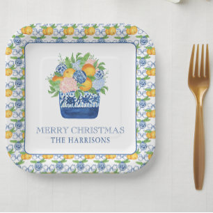 Watercolor Chinoiserie Mandarins Christmas Paper Plate