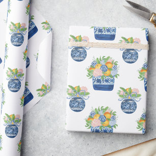 Watercolor Chinoiserie Mandarins & Hydrangeas Wrapping Paper