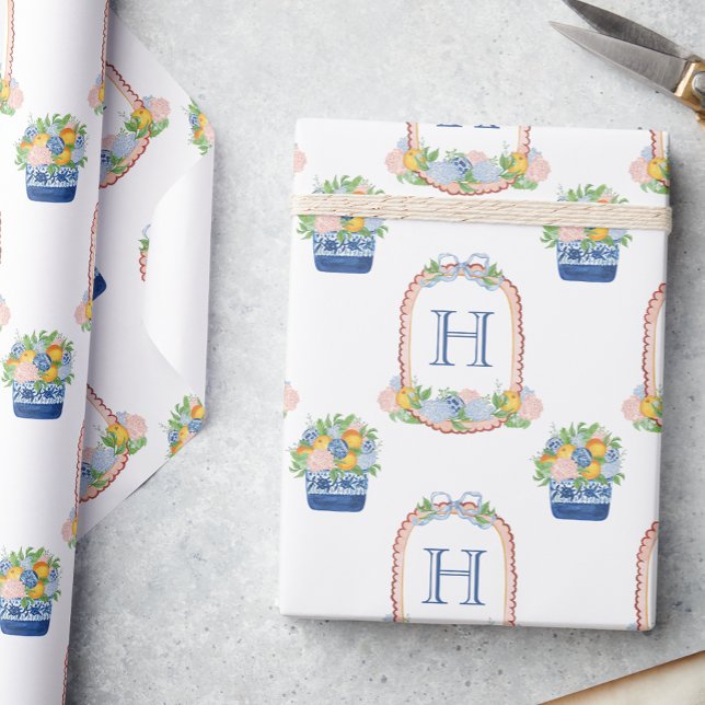 Watercolor Chinoiserie Mandarins Monogram Crest Wrapping Paper (Creator Uploaded)