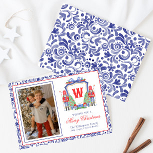 Watercolor Chinoiserie Nutcracker Monogram Crest Holiday Card