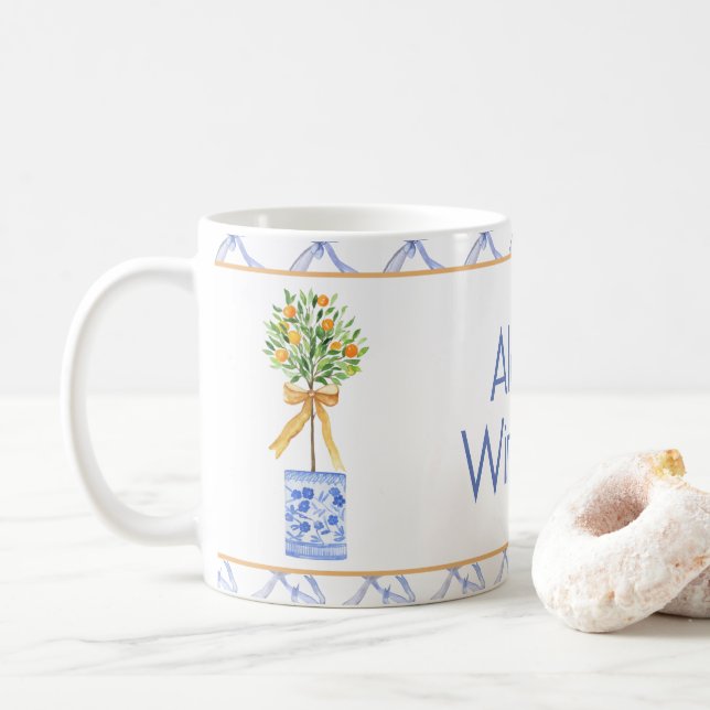 Watercolor Chinoiserie Orange Tree Topiary Coffee Mug (With Donut)