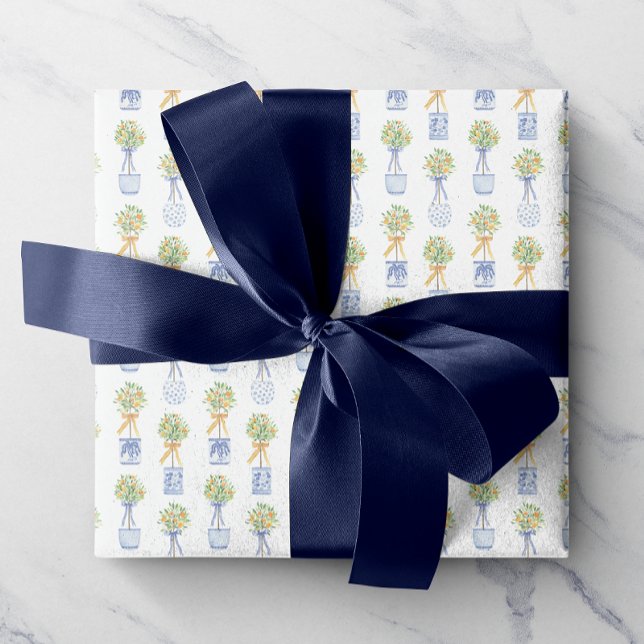 Watercolor Chinoiserie Orange Tree Topiary Wrapping Paper (Creator Uploaded)