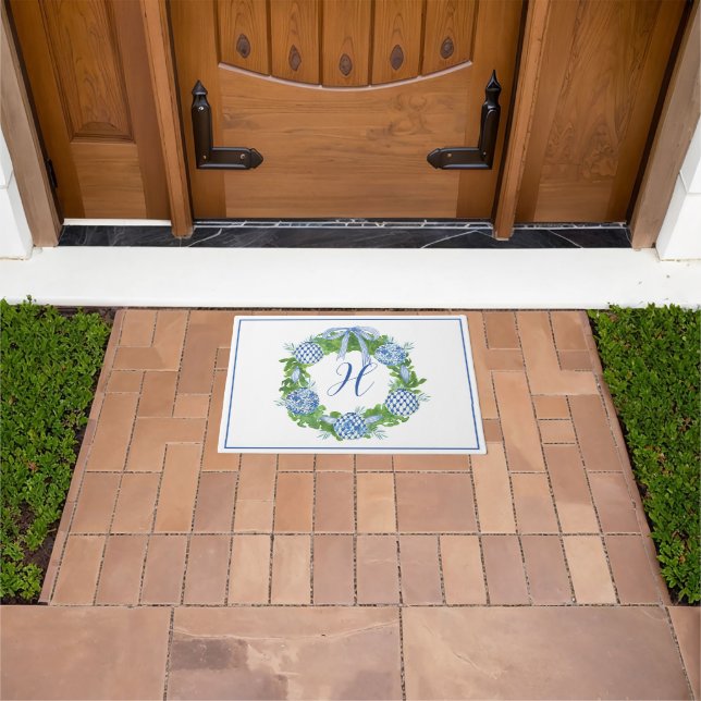 Watercolor Chinoiserie Ornament Wreath Monogram Doormat (Outdoor)