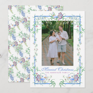 Watercolor Chinoiserie Peacock Garden Frame Photo Holiday Card