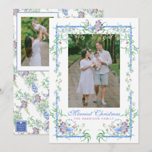 Watercolor Chinoiserie Peacock Garden Frame Photo Holiday Card