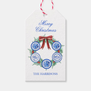 Watercolor Chinoiserie Plates Wreath Christmas Gift Tags