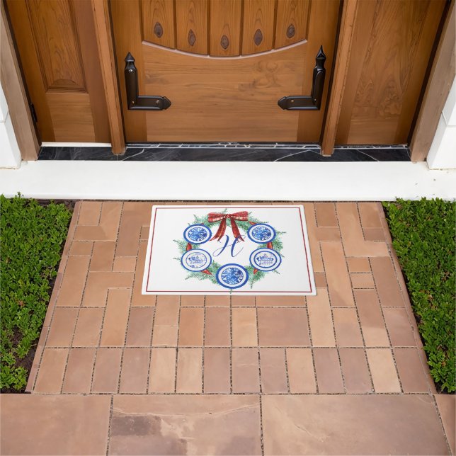 Watercolor Chinoiserie Plates Wreath Monogram Doormat (Outdoor)