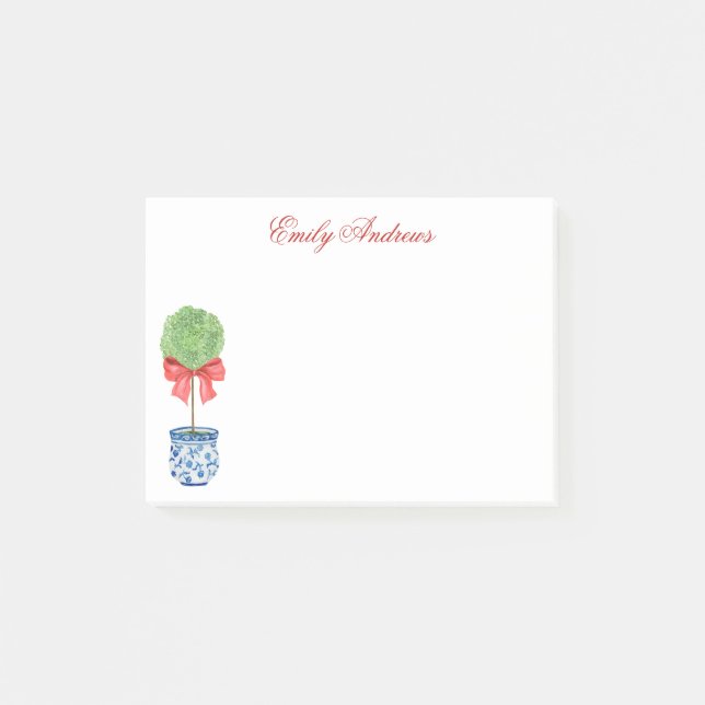 Watercolor Chinoiserie Red Bow Topiary Post-it Notes (Front)