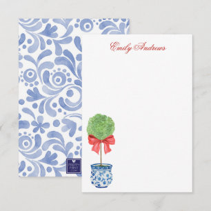 Watercolor Chinoiserie Red Bow Topiary Thank You Card