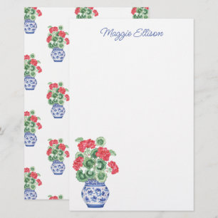 Watercolor Chinoiserie Vase of Red Geraniums Stationery