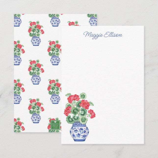 Watercolor Chinoiserie Vase of Red Geraniums Thank You Card (Front/Back)