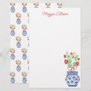 Watercolor Chinoiserie Vase of Red Strawberries Stationery