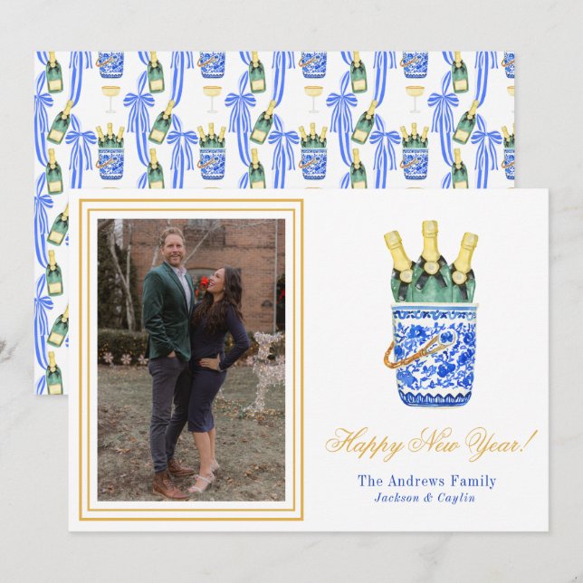 Watercolor Chinoiserie Wine Bucket New Year Photo Holiday Card (Front/Back)
