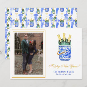 Watercolor Chinoiserie Wine Bucket New Year Photo Holiday Card