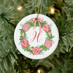 Watercolor Chinoiserie Wreath Christmas Monogram Ceramic Tree Decoration