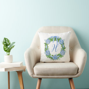 Watercolor Chinoiserie Wreath Christmas Monogram Cushion