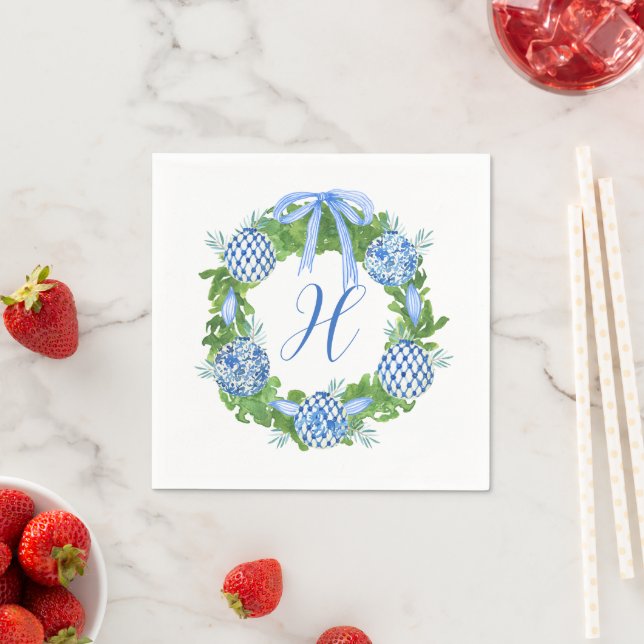 Watercolor Chinoiserie Wreath Christmas Monogram Napkin (Insitu)