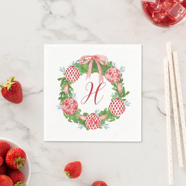Watercolor Chinoiserie Wreath Christmas Monogram Napkin (Insitu)