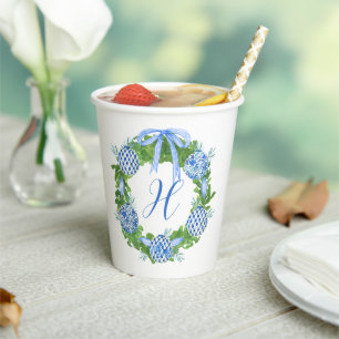 Watercolor Chinoiserie Wreath Christmas Monogram Paper Cups