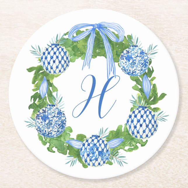 Watercolor Chinoiserie Wreath Christmas Monogram Round Paper Coaster (Front)