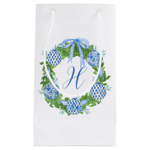 Watercolor Chinoiserie Wreath Christmas Monogram Small Gift Bag