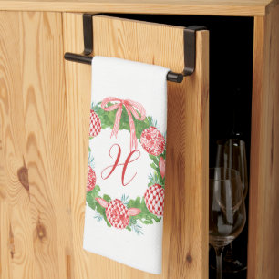 Watercolor Chinoiserie Wreath Christmas Monogram Tea Towel